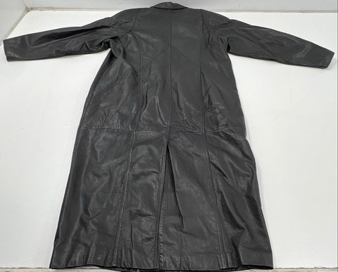Vintage 90s Bermans Black Leather Long Trench Duster Coat Made in Korea Sz M