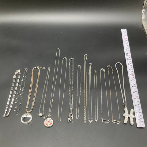 Silver Tone Fashion Jewelry Lot of 14 Necklaces Pendants Rhinestone Faux Pearl