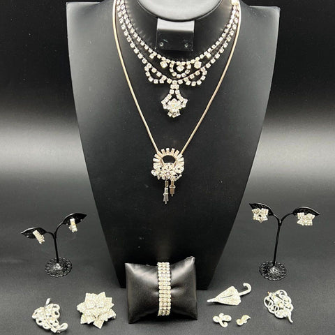 Vintage Mid-Century Colorless Rhinestone Jewelry Lot 10 Pieces Necklaces