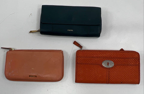 Fossil Leather Zip Around Wallets Black Tan Orange Lot of 3
