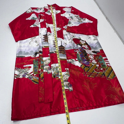 Vintage 90s Juguemm Women's Kimono Robe Red Geisha Pagoda Graphic Japan Sz 42