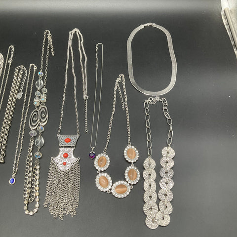 Fashion Costume Jewelry Lot 16 Necklaces Silver Tone Boho Tassel Heart Cross