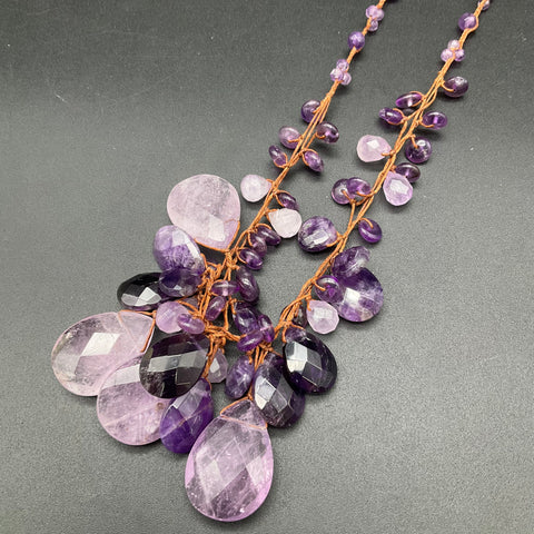 Chan Luu Sterling Silver 925 Amethyst Woven Cord Beaded Statement Necklace 30"