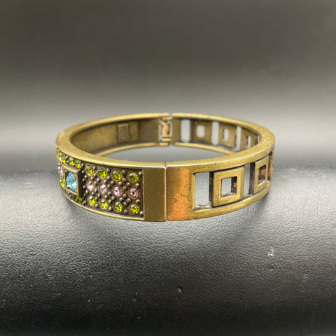 Heidi Daus Bronze Tone Multi-Color Crystal Hinged Bangle Bracelet Art Deco 7"