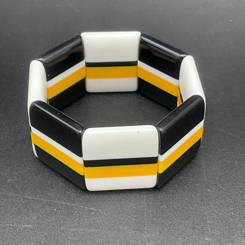 Vintage Modernist Chunky Resin Stretch Bracelet Black White Yellow Geometric