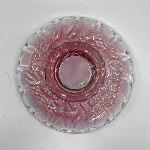 Pressed Glass Pink Carnival Grapes and Leaves Pedestal Bowl 12 Inch Vintage