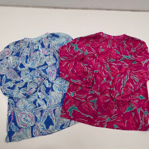 Lilly Pulitzer Women's Lot of 2 Silk Elsa Tops Pink Floral Blue Seashell Sz XS