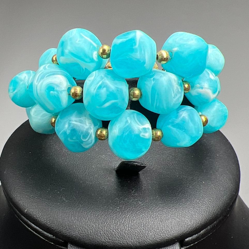 Vintage Kramer Blue Swirl Bracelet and Clip On Earrings Gold Tone Set