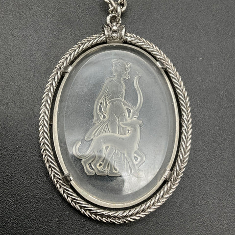 Vintage Avon Silver Tone Clear Glass Intaglio Pendant Necklace Classical 28"