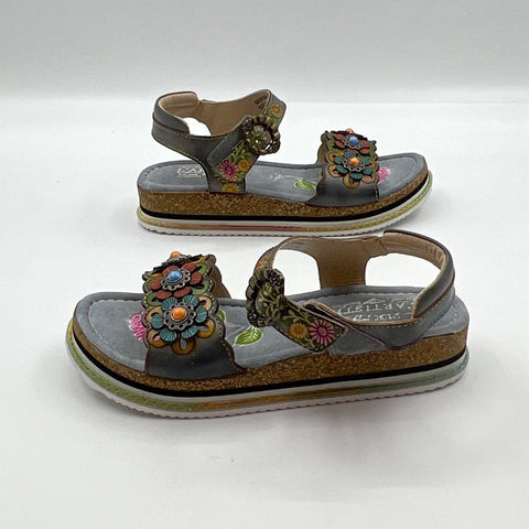 L'Artiste by Spring Step Floral Applique Grey Leather Platform Sandals Size 38