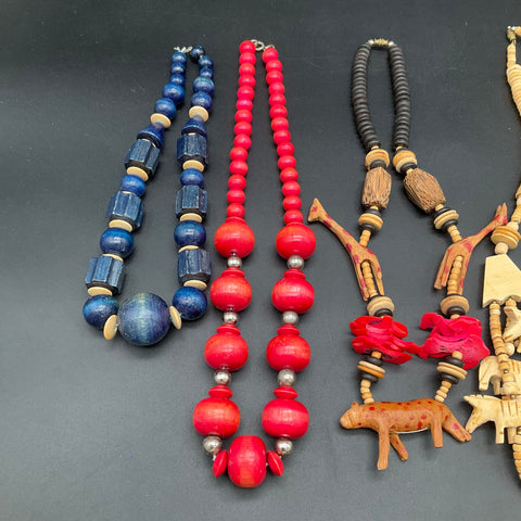 Vintage Boho Wooden Jewelry Lot 5 Necklaces Carved Elephant Cow Beads