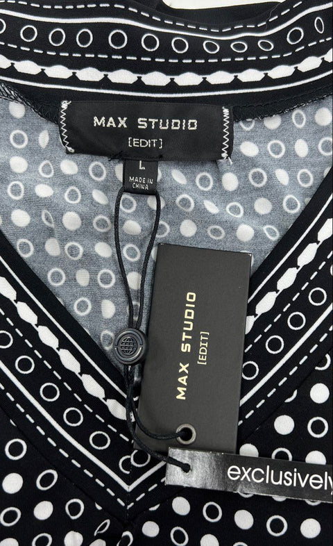 Max Studio Women's Black White Polka Dot Border Print V-Neck Dress Sz L NWT