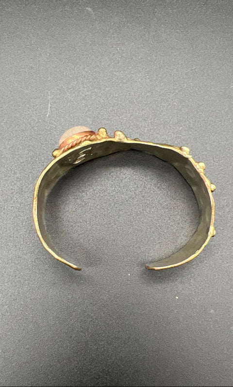 Vintage Brutalist Mixed Metal Copper Brass Artisan Cuff Bracelet Rose Quartz
