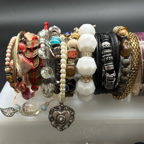 Fossil Beaded Leather Bangles Charms Costume Jewelry Lot of 20+ Pieces