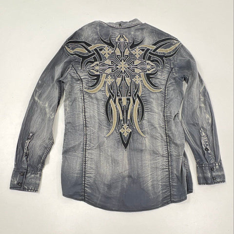 Roar Men's Gray Acid Wash Embroidered Tribal Cross Button Up Shirt Sz S NWT