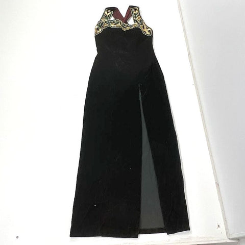 Vintage 90s Blondie & Me Black Velvet Sequin Halter Gown Dress USA Sz XS