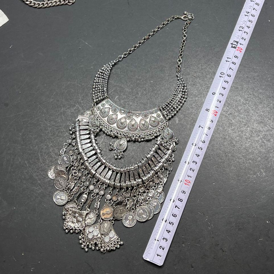 2 Silver tone Chain Faux Coin Bib Necklaces