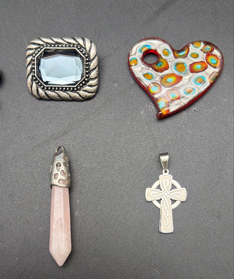 Vintage to Modern Costume Jewelry Pendant Lot 16 Pieces Glass Stone Heart Cross