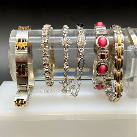 Silver Tone Fashion Jewelry Lot of 28 Bangles Charm Rhinestone Link Bracelets
