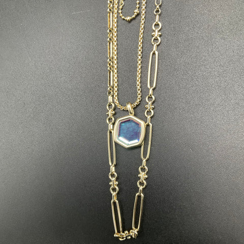 Kendra Scott Layered Necklace Gold Tone Hexagon Iridescent Pendant 3-Strand