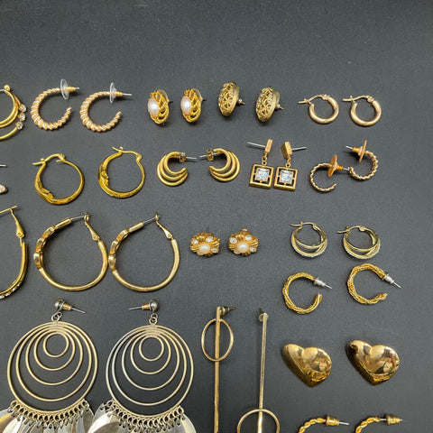Vintage Modern Gold Tone Earrings Jewelry Lot 40 Pairs Hoops Studs Faux Pearl