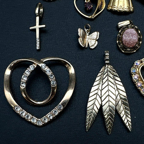 Vintage to Modern Gold Tone Costume Jewelry Lot of 16 Pendants Hearts Crosses