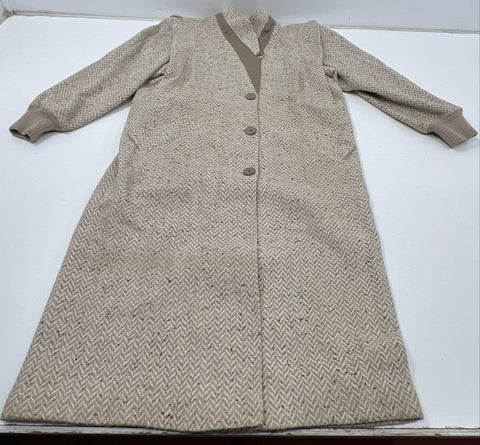 Vintage 70s Herringbone Long Coat V-Neck Ribbed Cuffs Made in USA Sz L