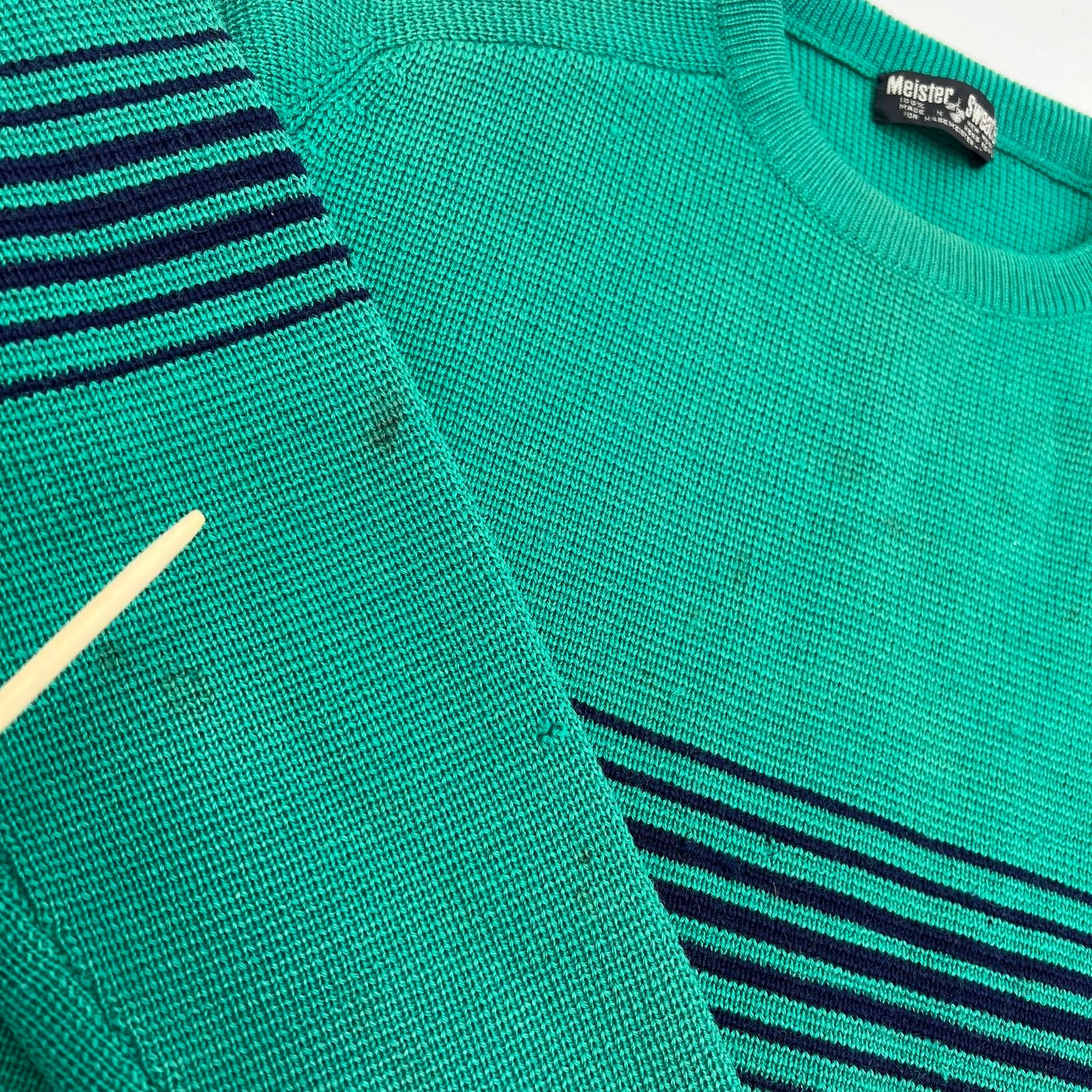Vintage 80s Meister 100% Wool Sweater Green Striped Waffle Knit Men's
