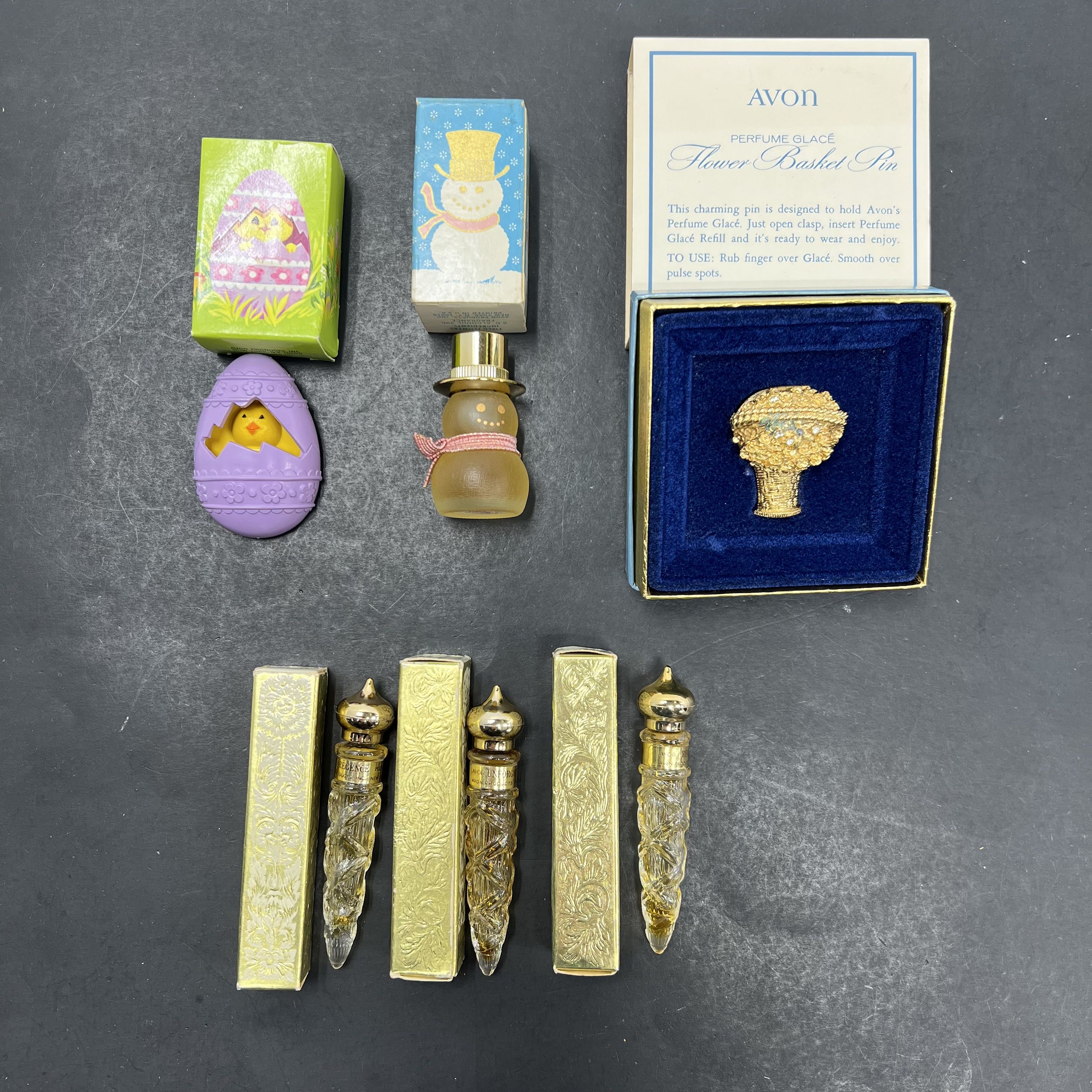 Vintage Avon Perfume Pins Chick a Peep Flower Basket Regence Lot of 6