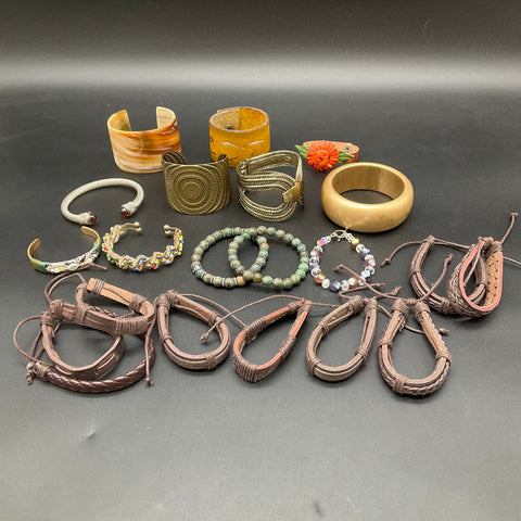 Boho Style Jewelry Lot 21pc Leather Beaded Metal Cuff Bangle Bracelets