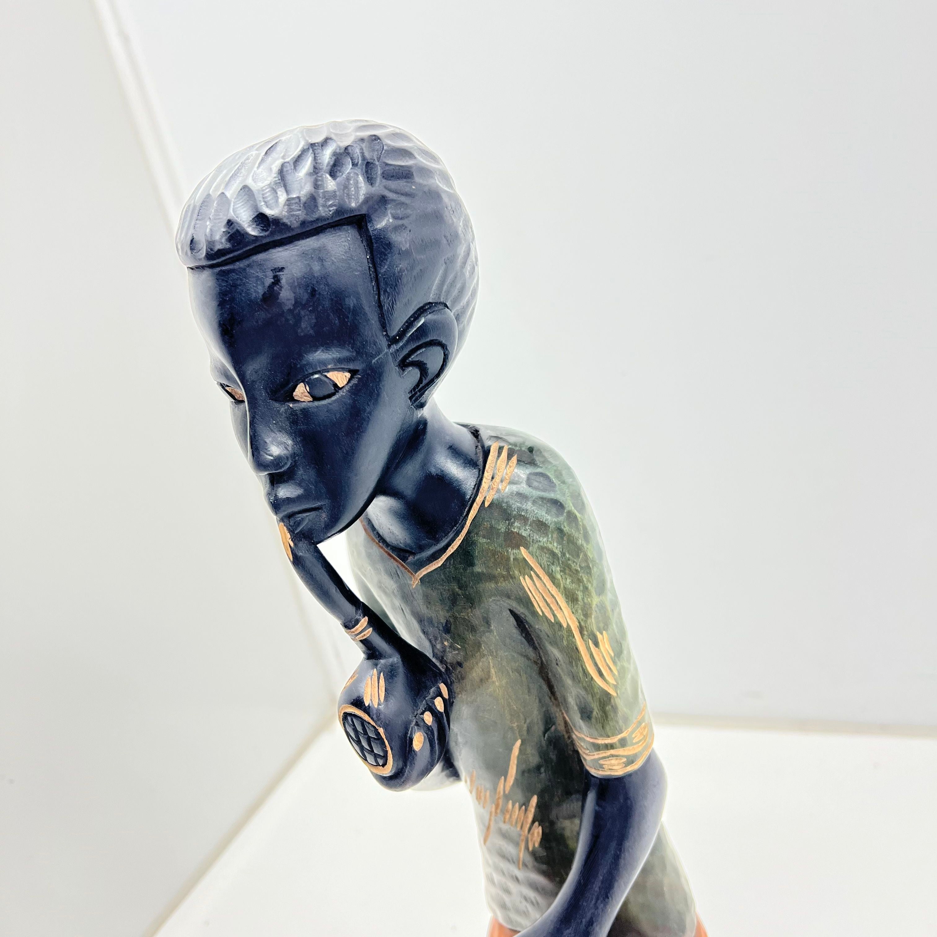 Vintage Hand Carved Wood Statue Figure 22" Signed Punta Cana Folk Art Sculpture