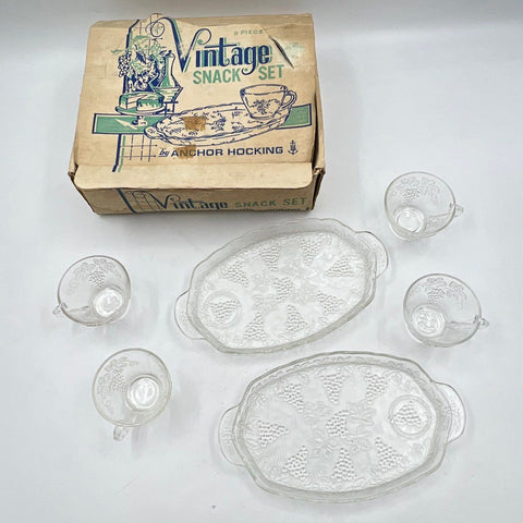 Anchor Hocking Vintage Snack Set 6 Piece Grape Leaf Clear Glass Trays & Cups