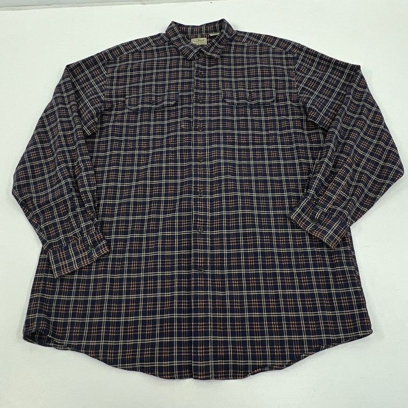 Men's LL Bean Blue Orange Plaid Long Sleeve Button Up Cotton Shirt - Size XLT