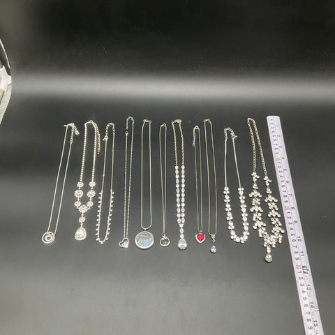 Fashion Jewelry Necklace Lot 11pc Silver Tone Rhinestone Faux Pearl Heart Locket