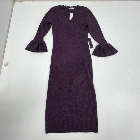 NY&C Women's Purple Ribbed Metallic Bell Sleeve Sweater Dress Size S NWT