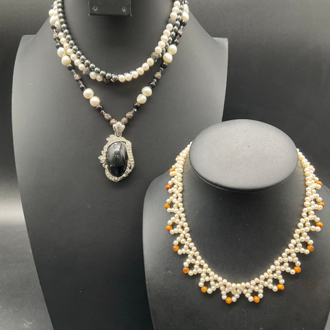 Sterling Silver 925 Pearl Hematite Beaded Necklace Lot of 3 Black Onyx Pendant