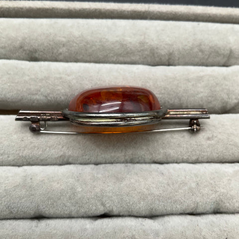 Vintage Modernist 925 Sterling Silver Amber Bar Brooch Pin 12.12g