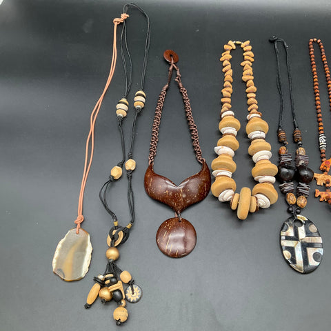 Vintage Boho Jewelry Lot 6 Necklaces Wood Shell Agate Tribal Ethnic Statement