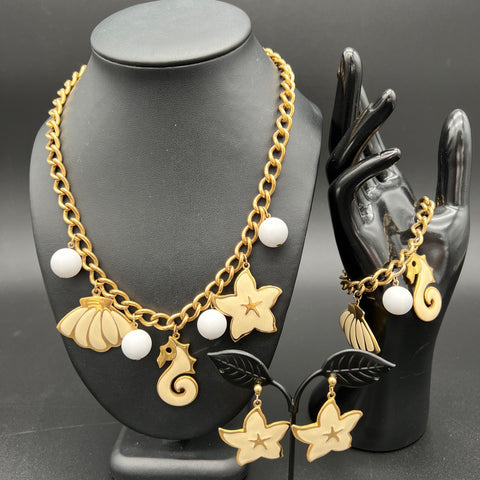Vintage Napier Sea Life Charm 3 Piece Jewelry Set Gold Tone Cream Enamel
