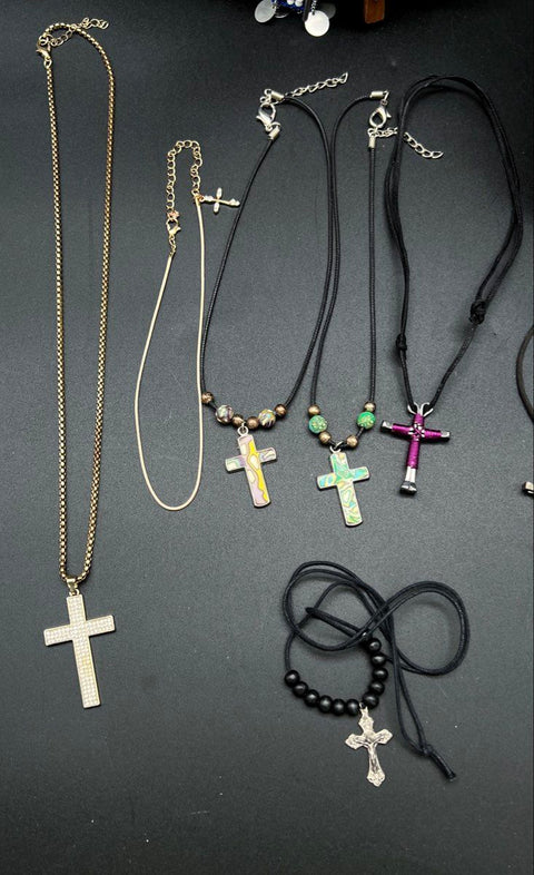 Religious Cross Jewelry Lot of 14 Necklaces Pendants Beaded Cord Mixed Styles