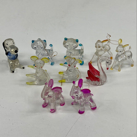 Vintage Acrylic Lucite Animal Ornaments Lot of 10 Elephant Cat Deer Dog Swan