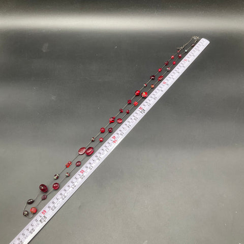 Vintage Debby Reid Silver Tone Red Faceted Glass Bead Station Necklace 25"