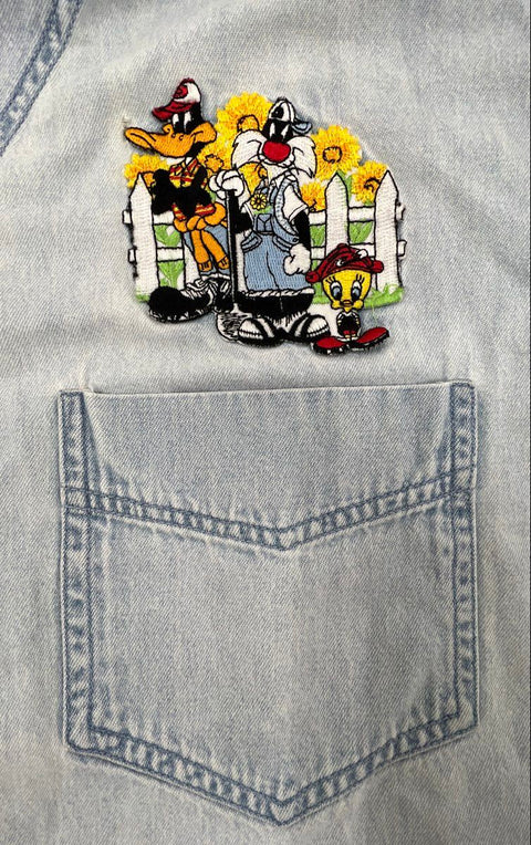 Vintage 90s Looney Tunes Embroidered Denim Shirt XL Daffy Sylvester Tweety