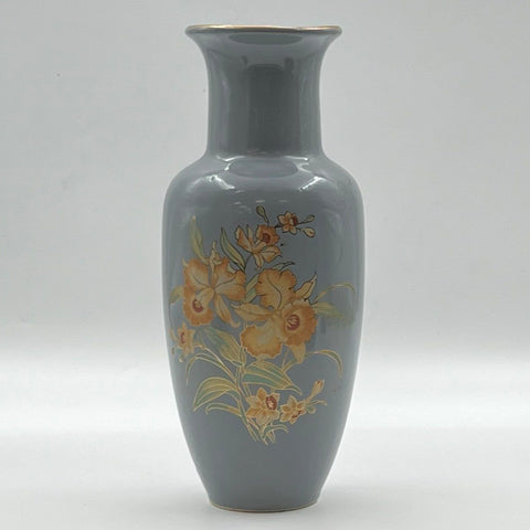Vintage Grey Ceramic Vase Floral Motif Gold Rim 11.5 Inch Tall Mid Century Style