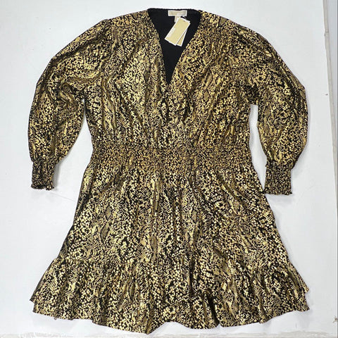 Michael Kors Women's Dress Black Gold Metallic Snake Print Smocked 2XL NWT