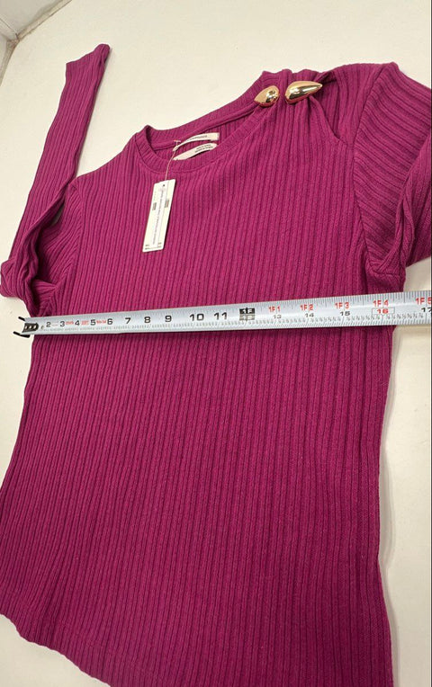 Anthropologie Women's Magenta Ribbed Long Sleeve Top Gold Button Detail Sz M NWT