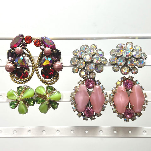Vintage Kramer & Unmarked Chunky Rhinestone Clip-On Earrings Jewelry Lot of 4