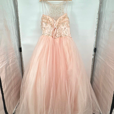 Layla K Women's Pink Beaded Sequin Tulle Formal Ball Gown Corset Back Sz 18