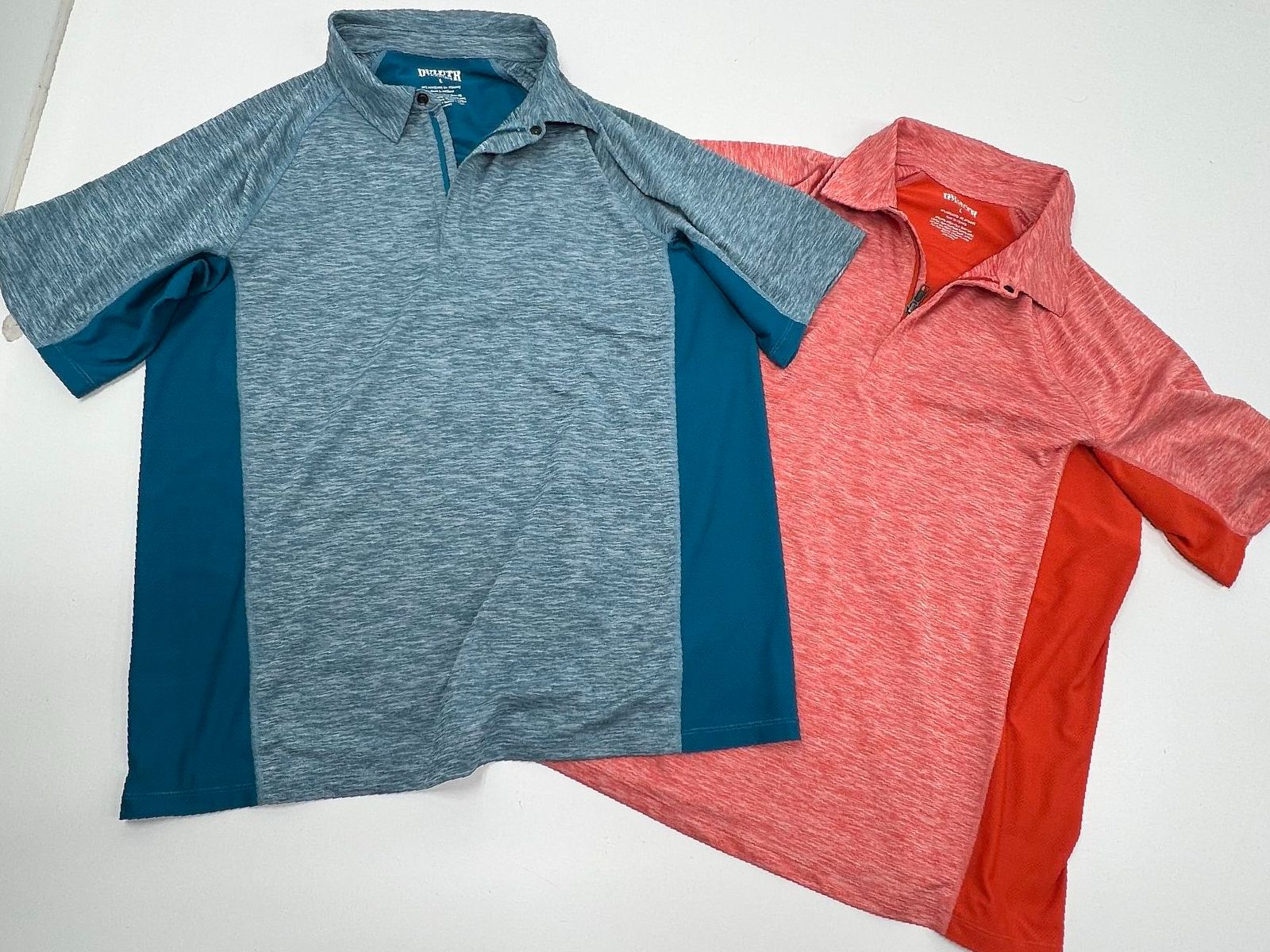 Two Duluth Mens Blue Orange Heather Polo Short Sleeve Performance Shirts LG