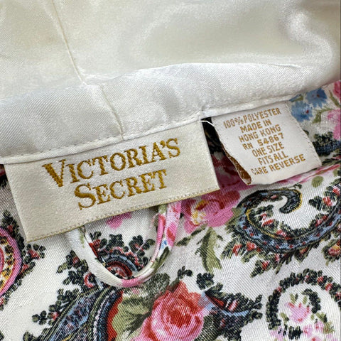 Vintage 90s Victoria's Secret Women's Robe Cream Paisley Floral Satin Sz OS